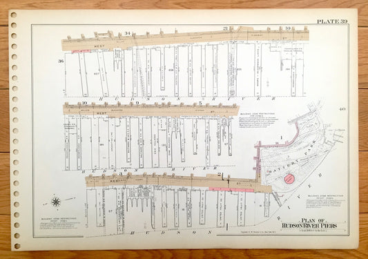 Antique Manhattan, New York Map from Bromley's 1955 Manhattan Land Book – Hudson, East River Piers, Chelsea, Battery Park, Downtown, NYC