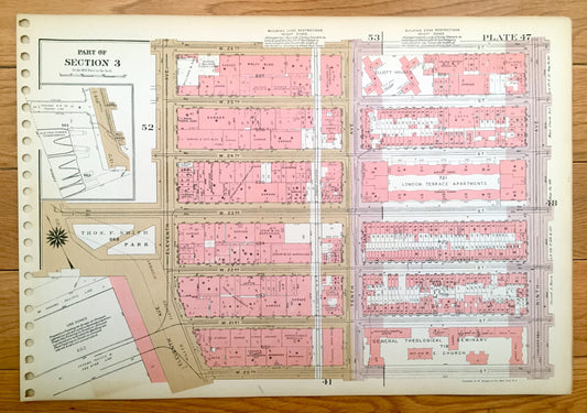 Antique Manhattan, New York Map from Bromley's 1955 Manhattan Land Book – Chelsea Piers, West Side, Hudson River, High Line, Midtown, NY NYC
