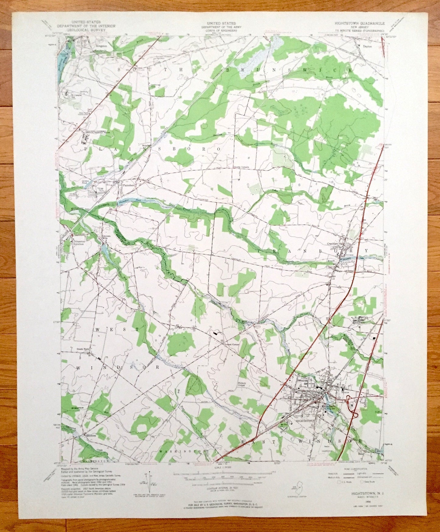 Antique Hightstown, New Jersey 1954 US Geological Survey Topographic Map – Cranbury, South Brunswick, West, East Windsor, Plainsboro, NJ