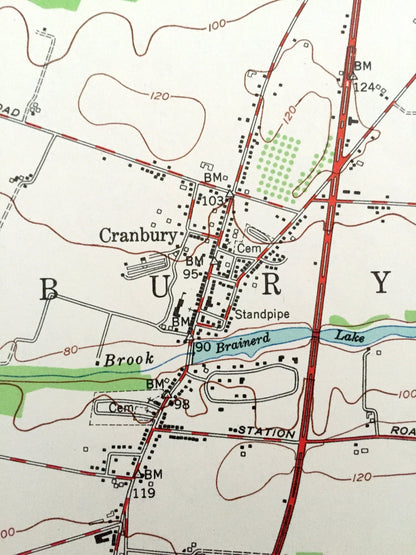 Antique Hightstown, New Jersey 1954 US Geological Survey Topographic Map – Cranbury, South Brunswick, West, East Windsor, Plainsboro, NJ