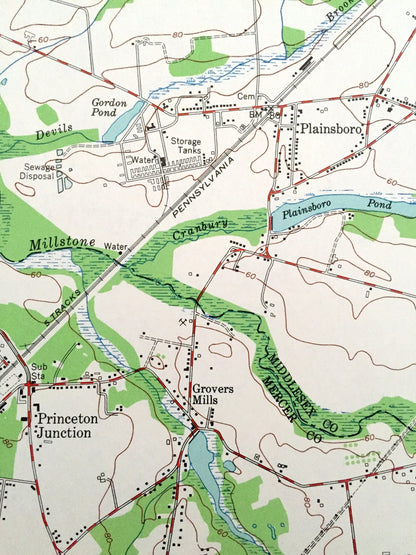 Antique Hightstown, New Jersey 1954 US Geological Survey Topographic Map – Cranbury, South Brunswick, West, East Windsor, Plainsboro, NJ