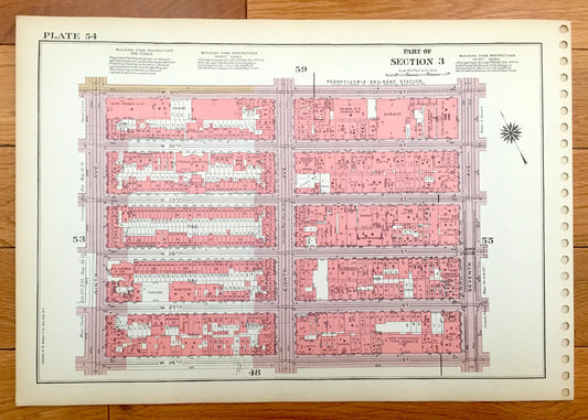 Antique Manhattan, New York Map from Bromley's 1955 Manhattan Land Book – Chelsea Park, West Side, Garment District, Midtown, NYC NY