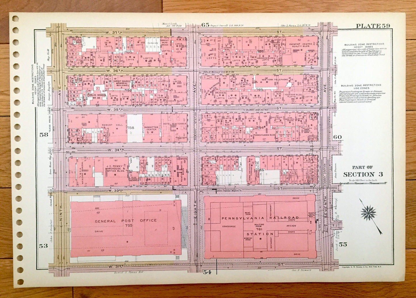 Antique Manhattan, New York Map from Bromley's 1955 Manhattan Land Book – Chelsea, Garment District, KTown Midtown Empire State Building NYC