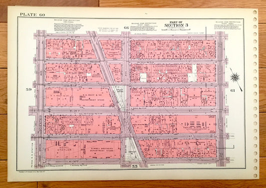 Antique Manhattan, New York Map from Bromley's 1955 Manhattan Land Book – Chelsea, Garment District, KTown Midtown Empire State Building NYC