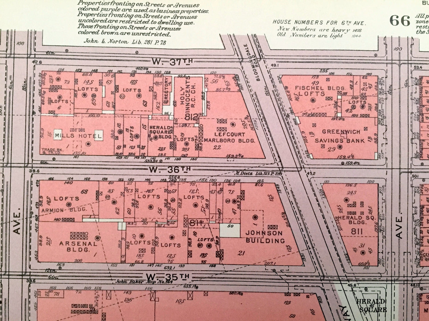 Antique Manhattan, New York Map from Bromley's 1955 Manhattan Land Book – Chelsea, Garment District, KTown Midtown Empire State Building NYC