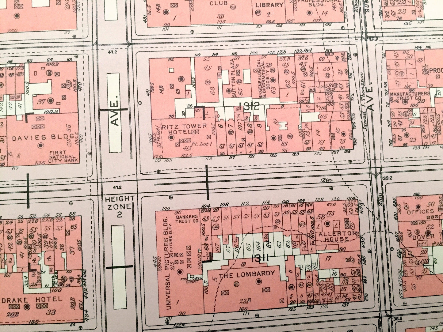 Antique Manhattan, New York City Map from Bromley's 1955 Manhattan Land Book – Central Park South, Theater District Midtown East Clinton NYC
