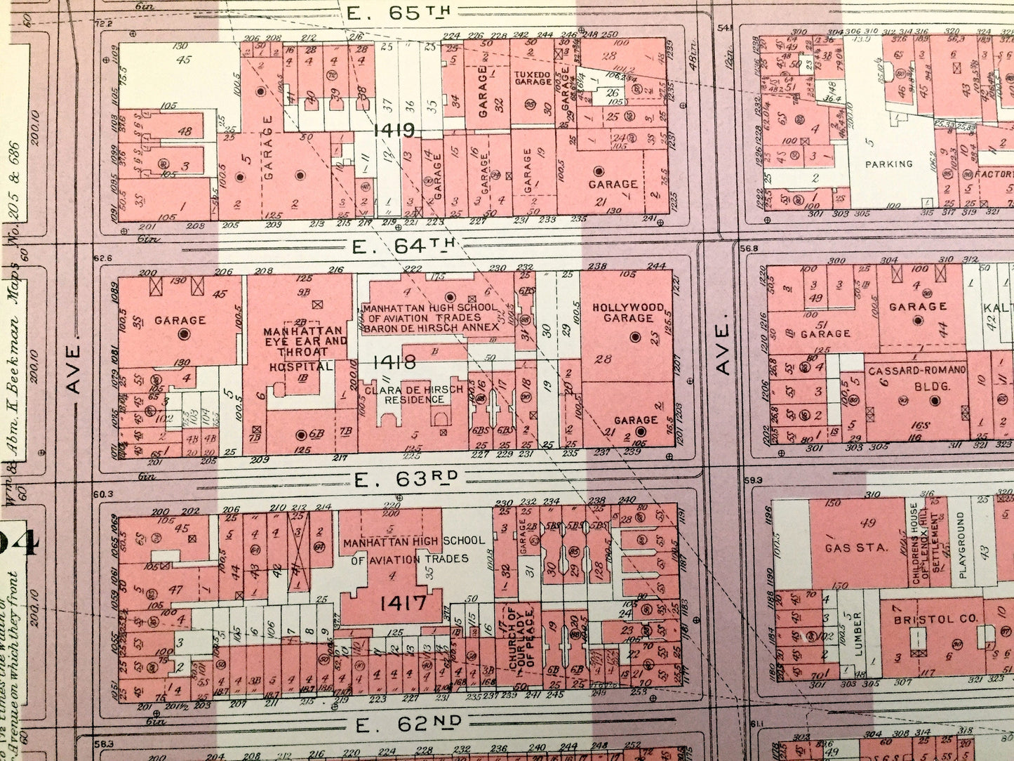 Antique Manhattan, New York City Map from Bromley's 1955 Manhattan Land Book – Upper East Side, Central Park, Lenox Hill, Queensboro Bridge