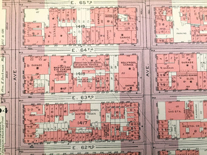 Antique Manhattan, New York City Map from Bromley's 1955 Manhattan Land Book – Upper East Side, Central Park, Lenox Hill, Queensboro Bridge