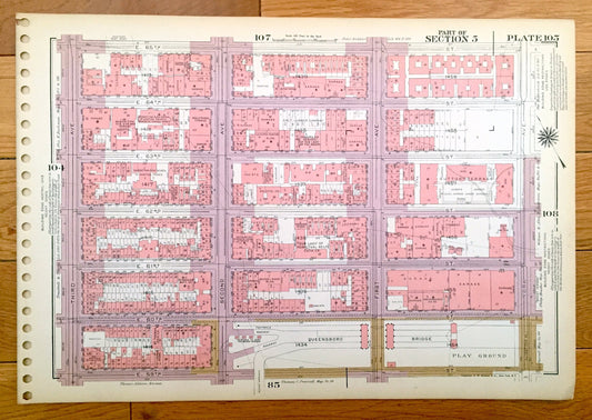 Antique Manhattan, New York City Map from Bromley's 1955 Manhattan Land Book – Upper East Side, Central Park, Lenox Hill, Queensboro Bridge