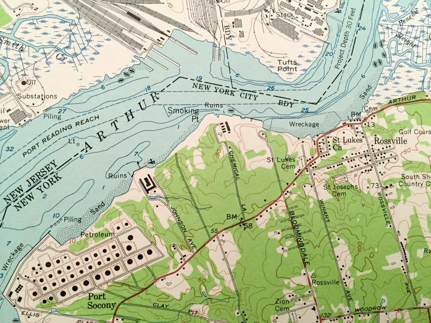 Antique Staten Island, New York 1955 US Geological Survey Topographic Map – Arthur Kill, Richmond, Linden, Tottenville, Carteret, New Jersey