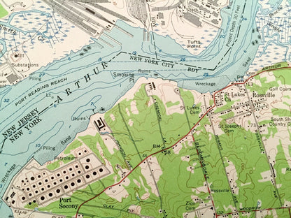 Antique Staten Island, New York 1955 US Geological Survey Topographic Map – Arthur Kill, Richmond, Linden, Tottenville, Carteret, New Jersey