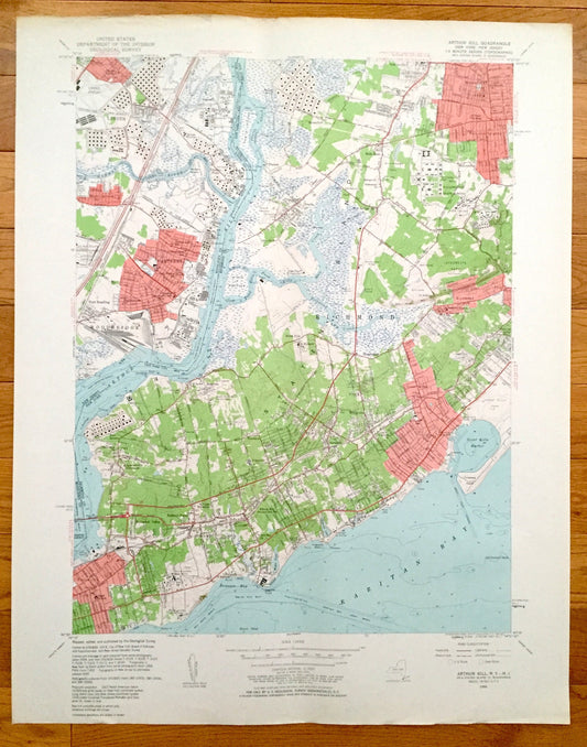 Antique Staten Island, New York 1955 US Geological Survey Topographic Map – Arthur Kill, Richmond, Linden, Tottenville, Carteret, New Jersey