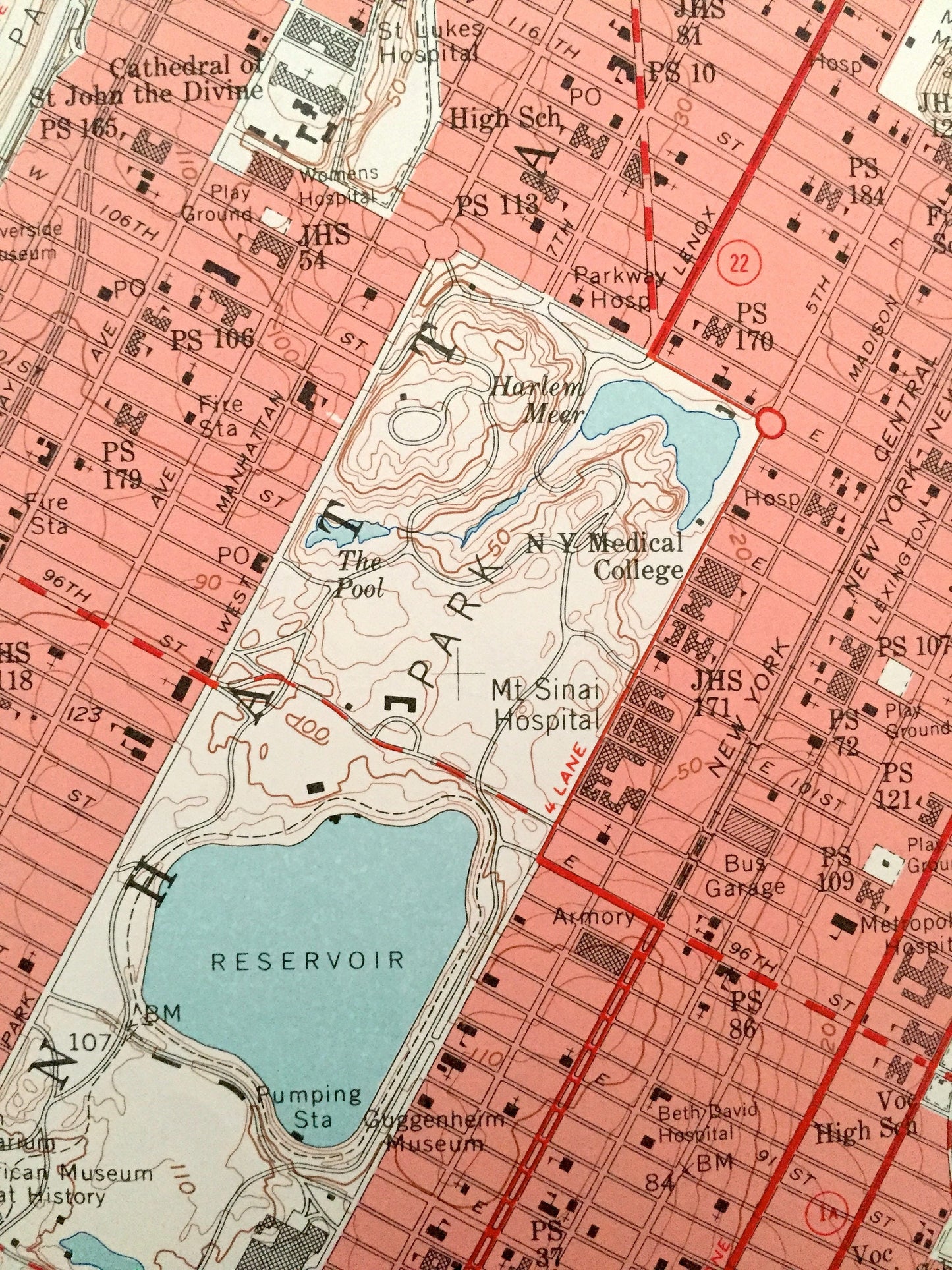 Antique Central Park, Manhattan, New York 1956 US Geological Survey Topographic Map – New Jersey, Hudson River, Bronx, Queens, Harlem