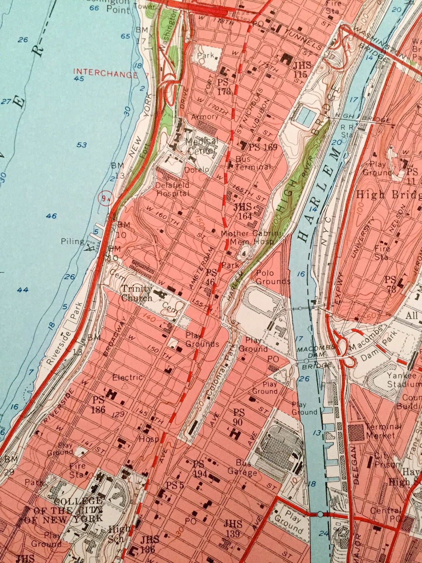 Antique Central Park, Manhattan, New York 1956 US Geological Survey Topographic Map – New Jersey, Hudson River, Bronx, Queens, Harlem