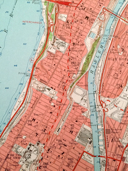 Antique Central Park, Manhattan, New York 1956 US Geological Survey Topographic Map – New Jersey, Hudson River, Bronx, Queens, Harlem
