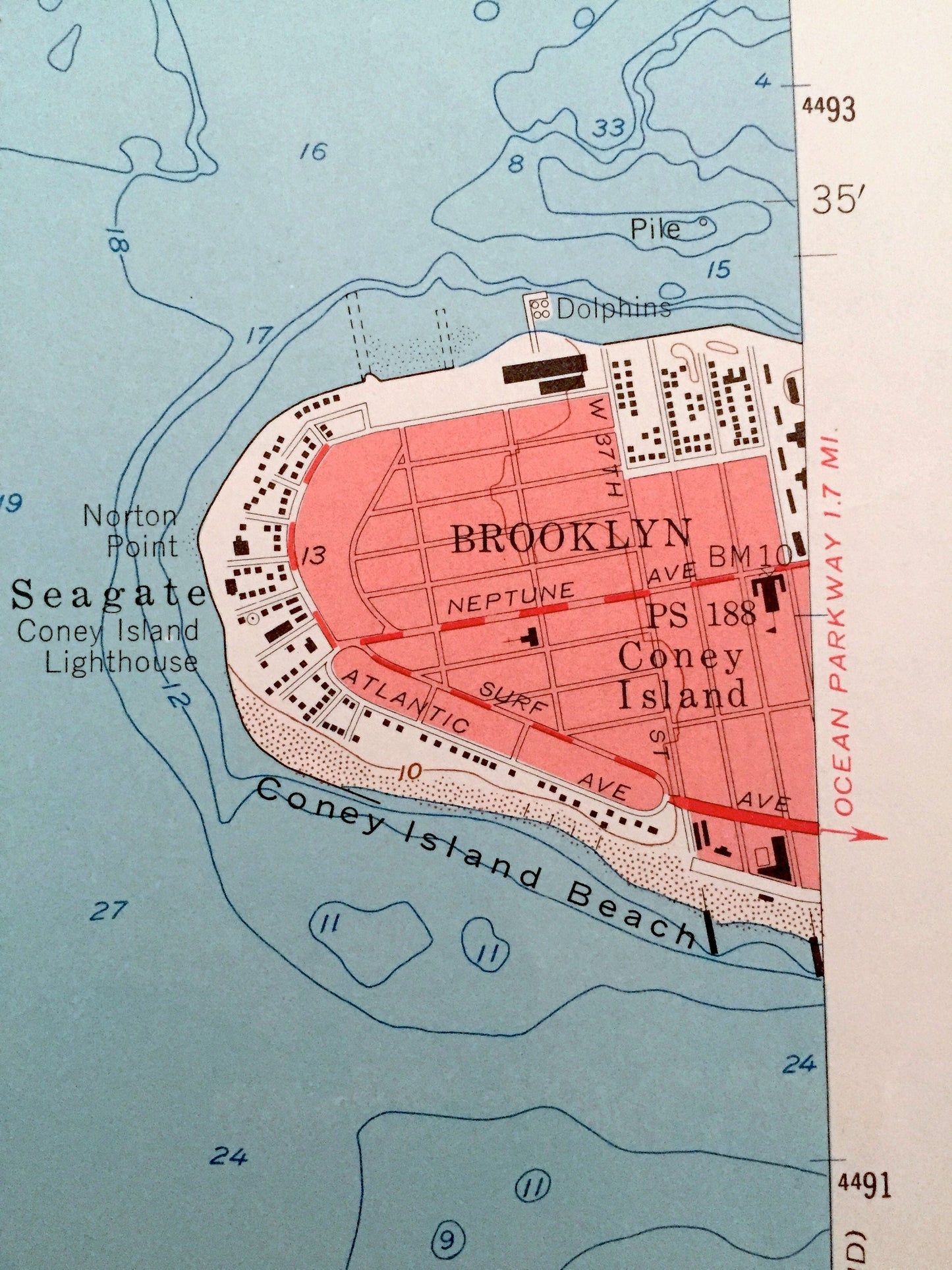 Antique The Narrows, New York 1955 US Geological Survey Topographic Map – Brooklyn, Coney Island, Staten Island, Richmond, New Dorp, NY