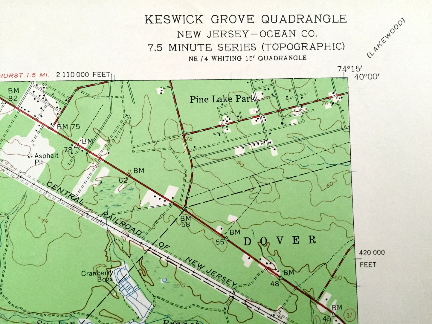 Antique Keswick Grove, New Jersey 1957 US Geological Survey Topographic Map – Lacey, Berkeley, Manchester, Pine Lake Park, Camp Columbus