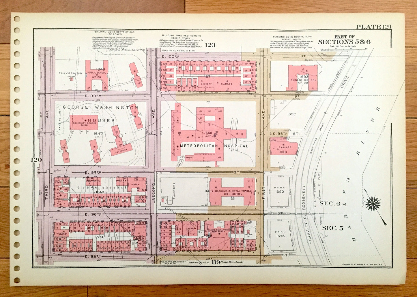 Antique Manhattan, New York City Map from Bromley's 1955 Manhattan Land Book – Harlem, Yorkville, Upper East Side Central Park Carver NYC NY