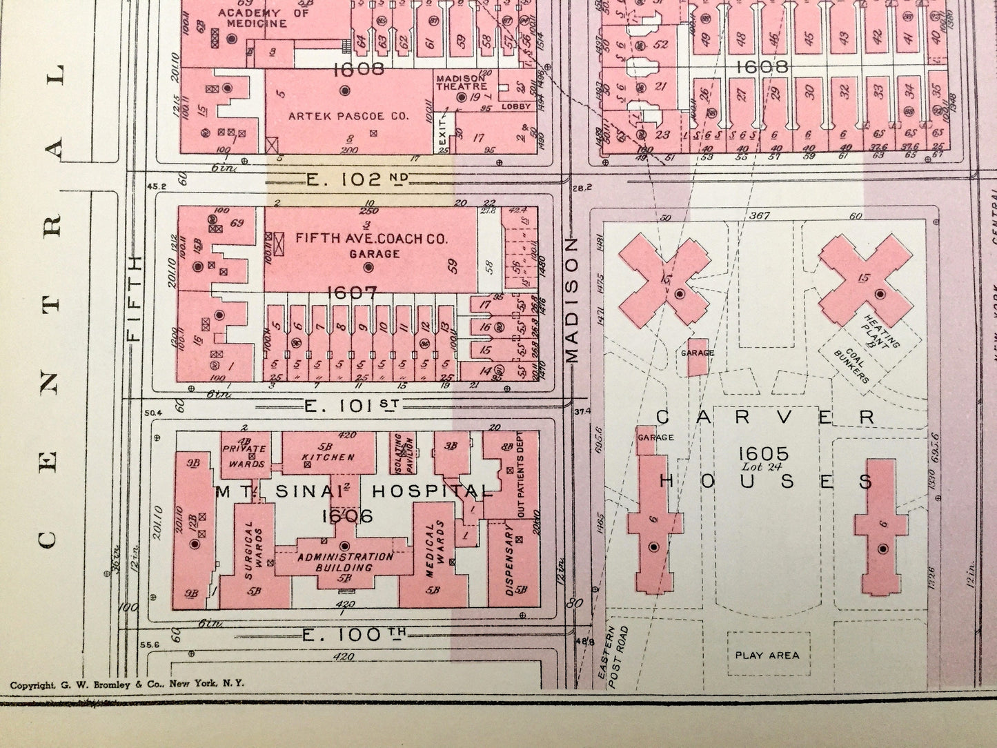 Antique Manhattan, New York City Map from Bromley's 1955 Manhattan Land Book – Harlem, Yorkville, Upper East Side Central Park Carver NYC NY