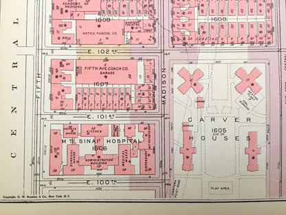 Antique Manhattan, New York City Map from Bromley's 1955 Manhattan Land Book – Harlem, Yorkville, Upper East Side Central Park Carver NYC NY