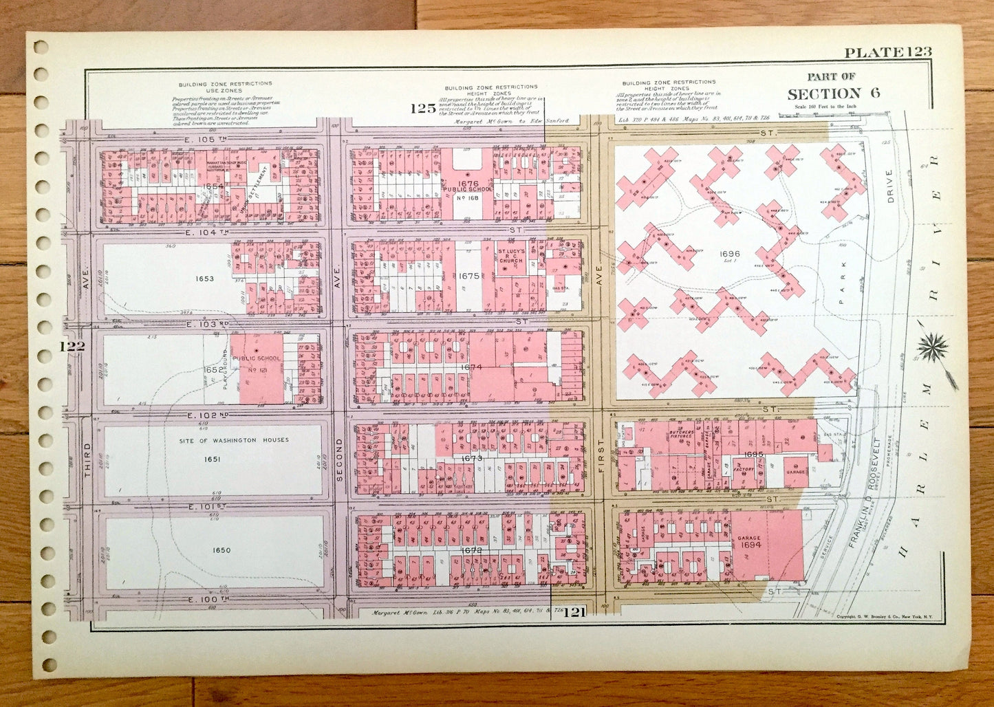 Antique Manhattan, New York City Map from Bromley's 1955 Manhattan Land Book – Harlem, Upper East Side, Central Park, Frawley Circle, NYC NY
