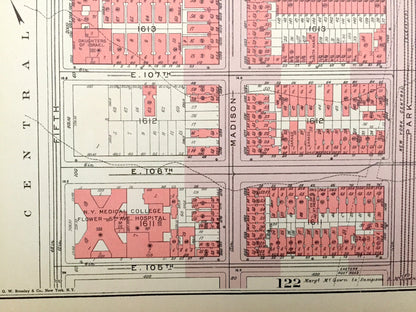 Antique Manhattan, New York City Map from Bromley's 1955 Manhattan Land Book – Harlem, Upper East Side, Central Park, Frawley Circle, NYC NY