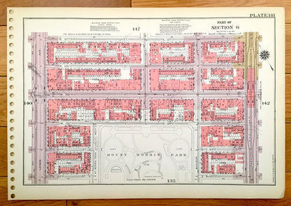 Antique Manhattan, New York City Map from Bromley's 1955 Manhattan Land Book – East Harlem, Marcus Garvey Park, Mount Morris Park, NYC NY