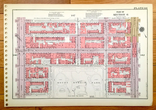 Antique Manhattan, New York City Map from Bromley's 1955 Manhattan Land Book – East Harlem, Marcus Garvey Park, Mount Morris Park, NYC NY