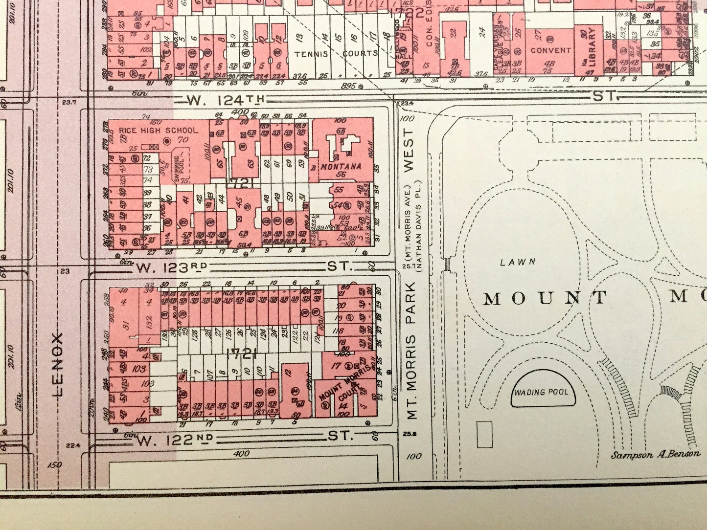Antique Manhattan, New York City Map from Bromley's 1955 Manhattan Land Book – East Harlem, Marcus Garvey Park, Mount Morris Park, NYC NY