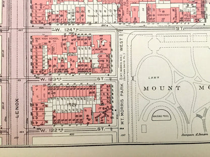 Antique Manhattan, New York City Map from Bromley's 1955 Manhattan Land Book – East Harlem, Marcus Garvey Park, Mount Morris Park, NYC NY