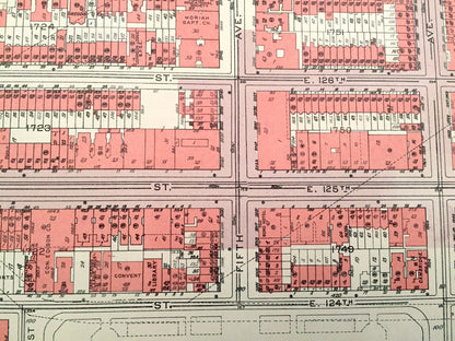 Antique Manhattan, New York City Map from Bromley's 1955 Manhattan Land Book – East Harlem, Marcus Garvey Park, Mount Morris Park, NYC NY