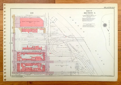 Antique Manhattan, New York City Map from Bromley's 1955 Manhattan Land Book – Harlem Riverside Park Morningside Heights Manhattanville NYC