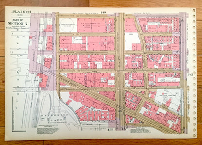 Antique Manhattan, New York City Map from Bromley's 1955 Manhattan Land Book – Harlem Riverside Park Morningside Heights Manhattanville NYC