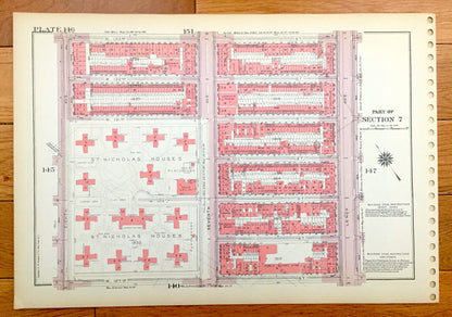 Antique Manhattan, New York City Map from Bromley's 1955 Manhattan Land Book – Manhattanville, Hamilton Heights St Nicholas Park CUNY Harlem