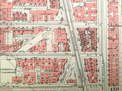 Antique Manhattan, New York City Map from Bromley's 1955 Manhattan Land Book – Harlem, Hamilton, Washington Heights Jackie Robinson Park NYC