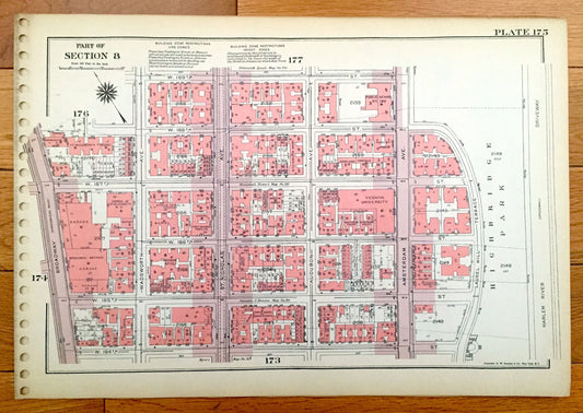 Antique Manhattan, New York City Map from Bromley's 1955 Manhattan Land Book – Fort George, Hudson Heights Tryon Park Riverside Drive NYC NY