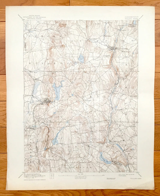 Antique Tolland, Connecticut 1892 US Geological Survey Topographic Map – Rockville, Coventry, Ellington, Somers, Stafford Springs, CT, Conn