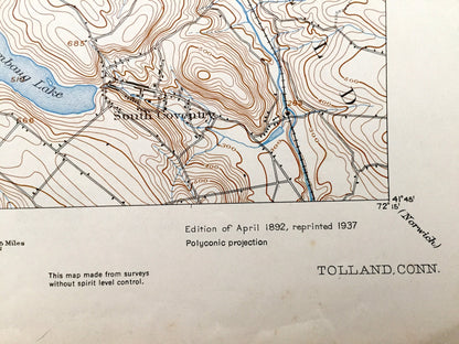 Antique Tolland, Connecticut 1892 US Geological Survey Topographic Map – Rockville, Coventry, Ellington, Somers, Stafford Springs, CT, Conn