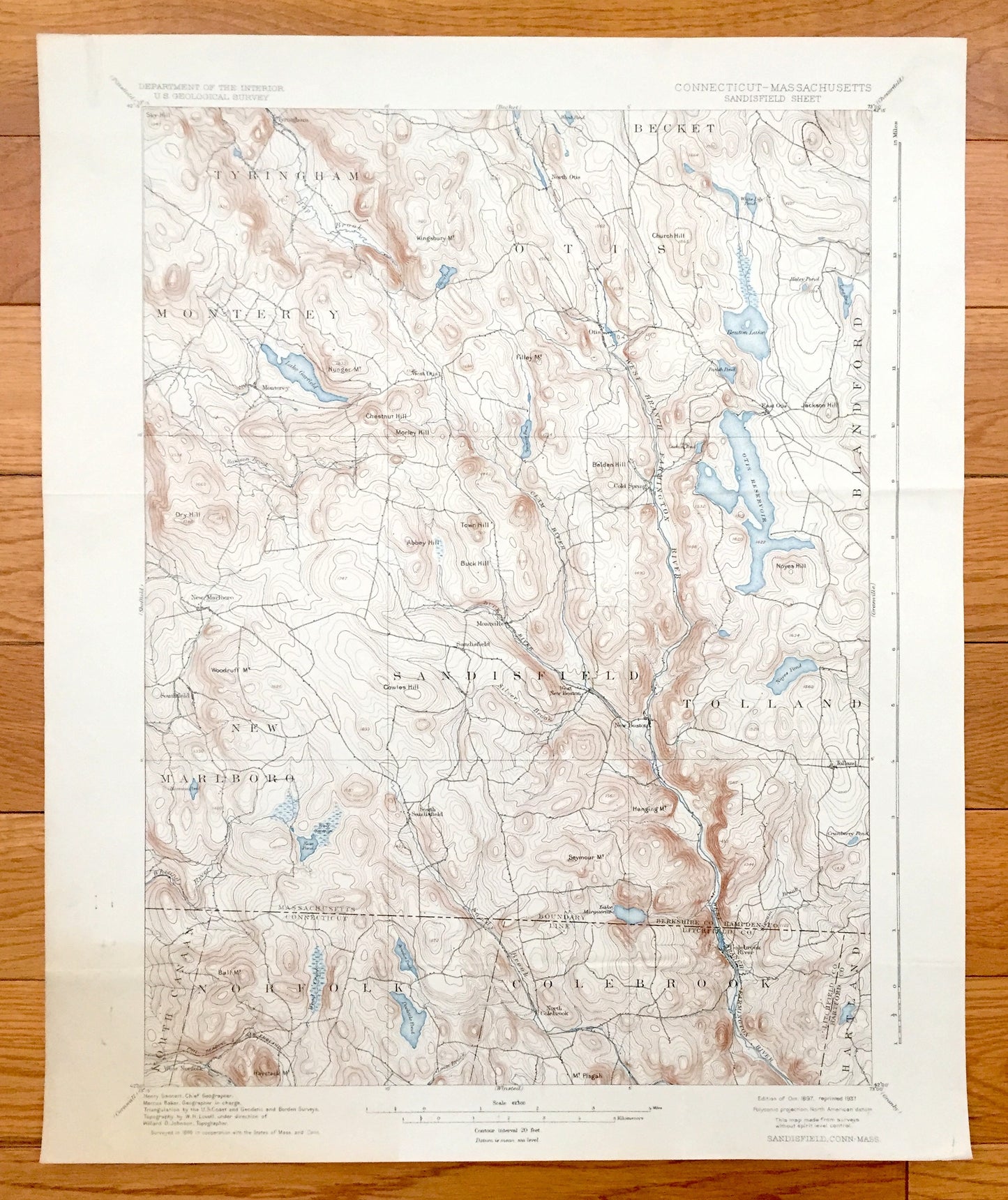 Antique Sandisfield, Massachusetts 1897 US Geological Survey Topographic Map – Otis, Monterey, New Marlboro, Tolland, Norfolk, Connecticut