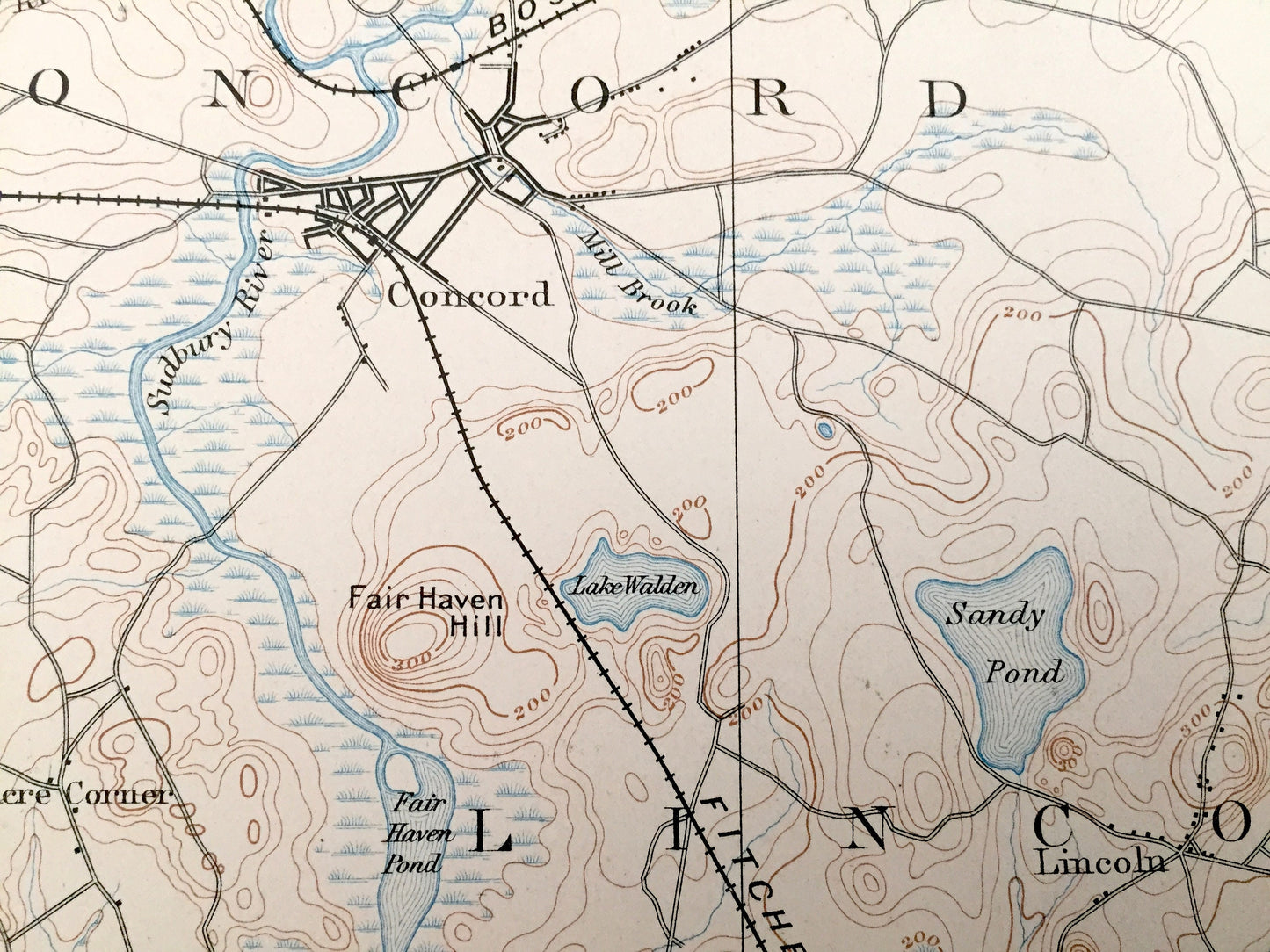 Antique Concord, Massachusetts 1894 US Geological Survey Topographic Map – Waltham, Framingham, Bedford, Wellesley, Natick, Walden Pond, MA