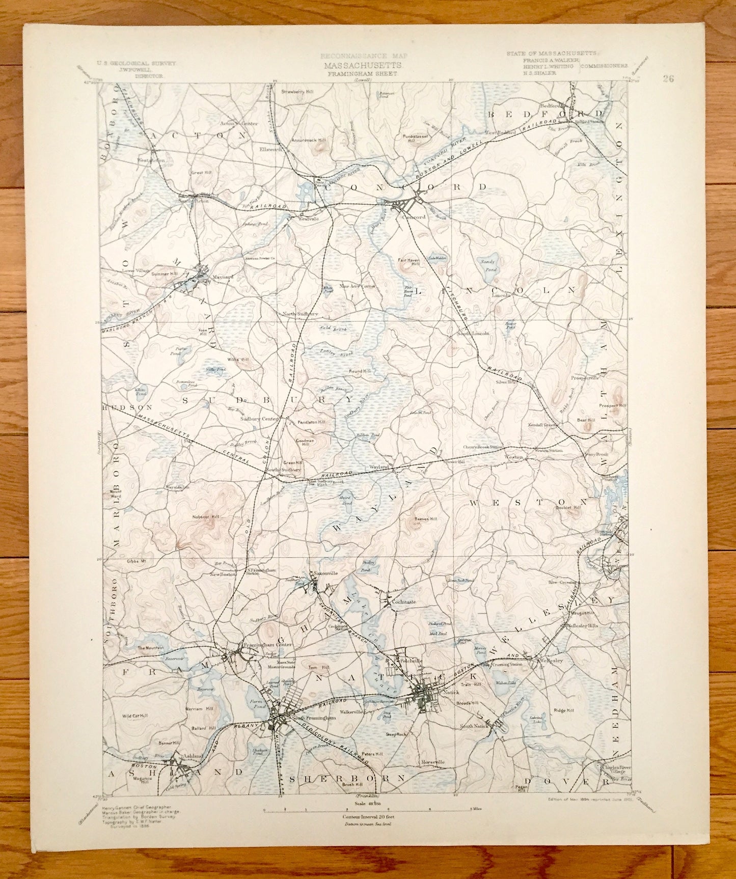 Antique Concord, Massachusetts 1894 US Geological Survey Topographic Map – Waltham, Framingham, Bedford, Wellesley, Natick, Walden Pond, MA