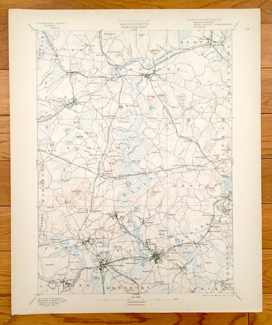 Antique Concord, Massachusetts 1894 US Geological Survey Topographic Map – Waltham, Framingham, Bedford, Wellesley, Natick, Walden Pond, MA
