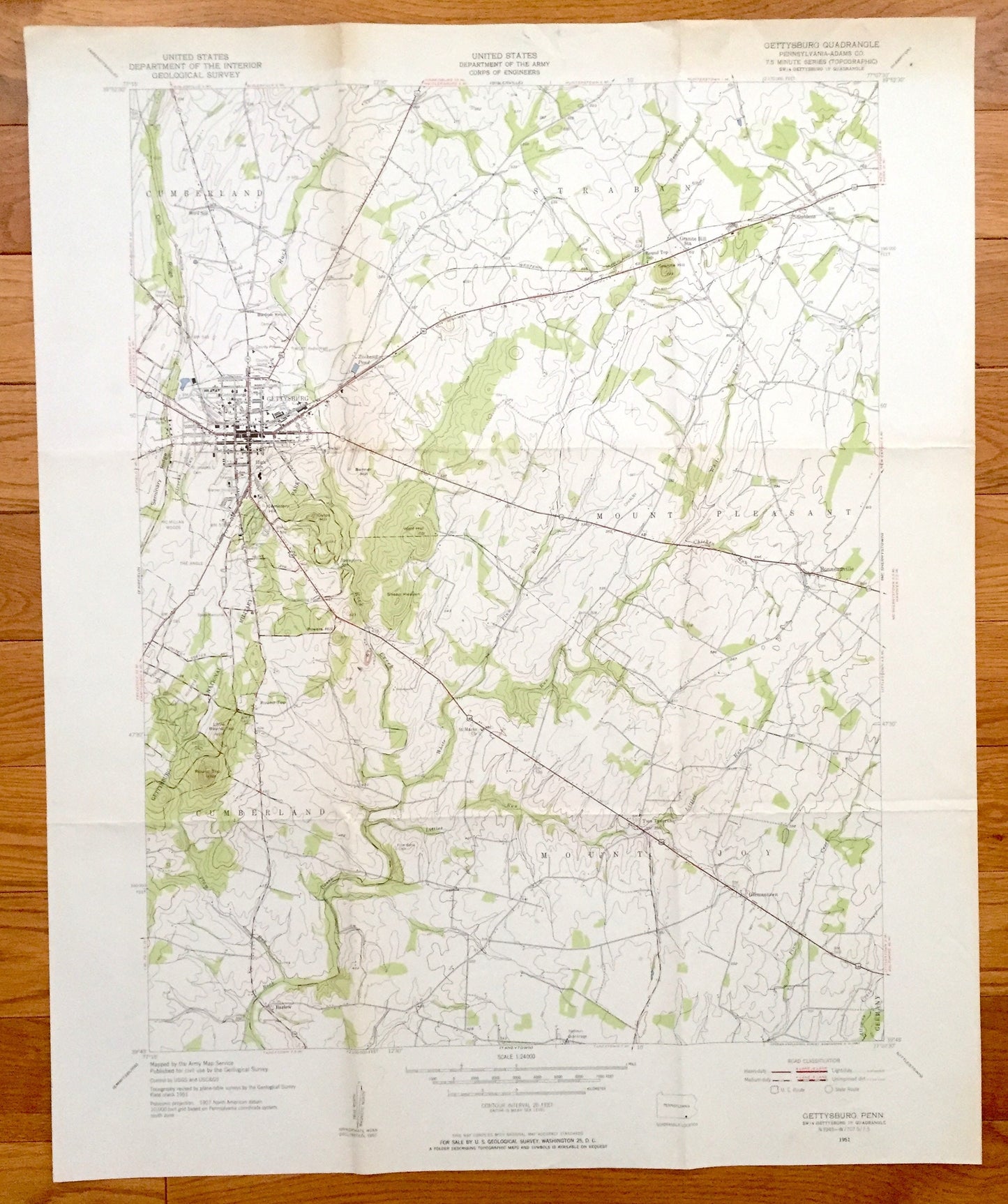 Antique Gettysburg, Pennsylvania 1951 US Geological Survey Topographic Map – Cumberland, Mount Joy, Straban, Mount Pleasant, Civil War, PA