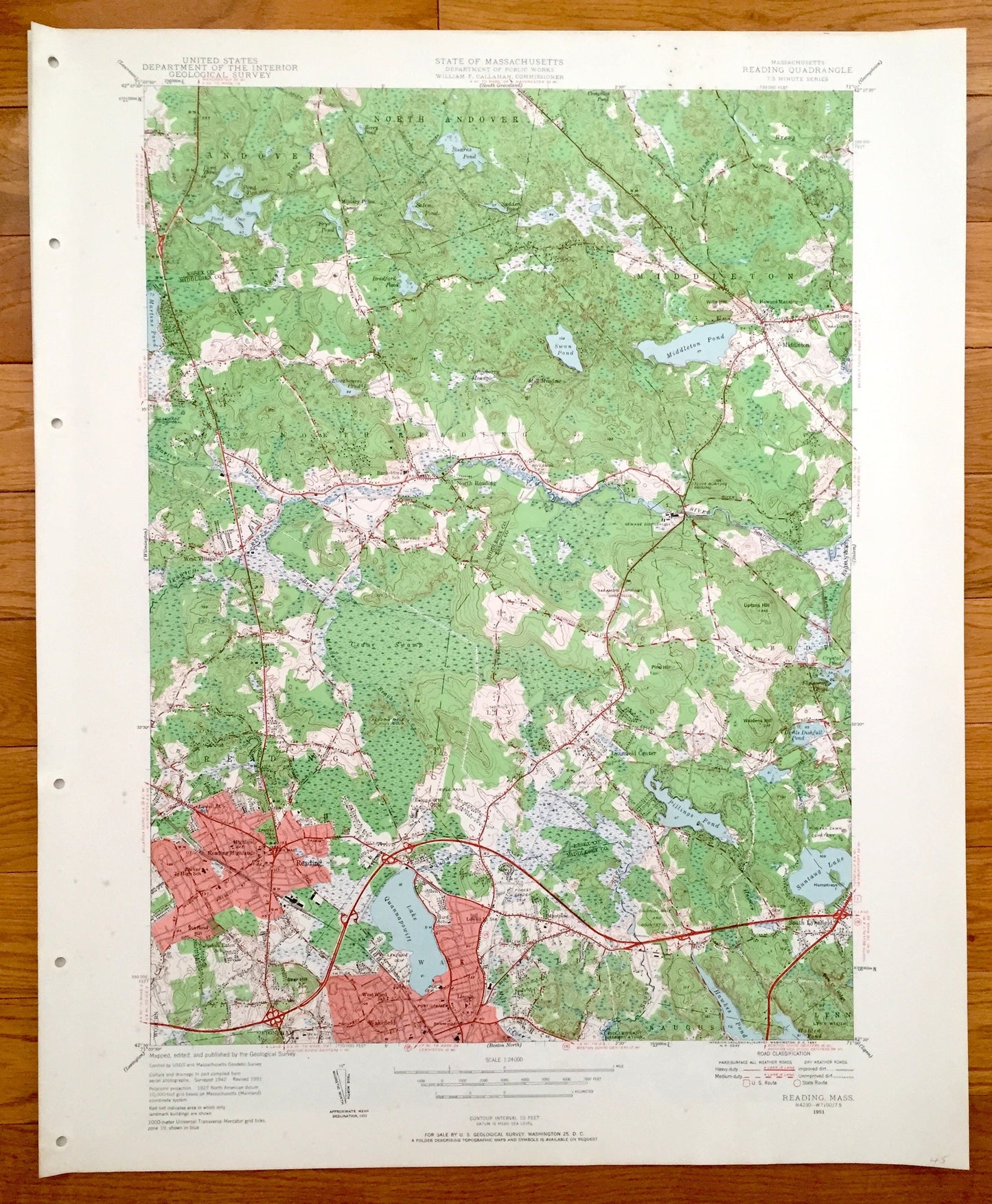 Antique Reading, Massachusetts 1951 US Geological Survey Topographic Map – Lynnfield, Middleton, Andover, Peabody Wakefield Saugus Woburn MA