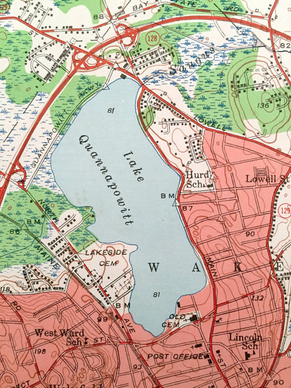 Antique Reading, Massachusetts 1951 US Geological Survey Topographic Map – Lynnfield, Middleton, Andover, Peabody Wakefield Saugus Woburn MA