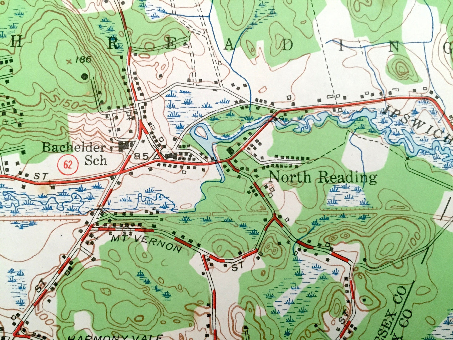 Antique Reading, Massachusetts 1951 US Geological Survey Topographic Map – Lynnfield, Middleton, Andover, Peabody Wakefield Saugus Woburn MA