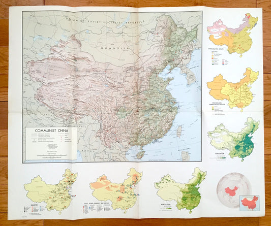 Antique 1960s China Map – Communist, Tibet, Burma, Mongolia, Soviet Union, North, South Korea, Taiwan, Hong Kong, Nepal, India, Bhutan, Asia