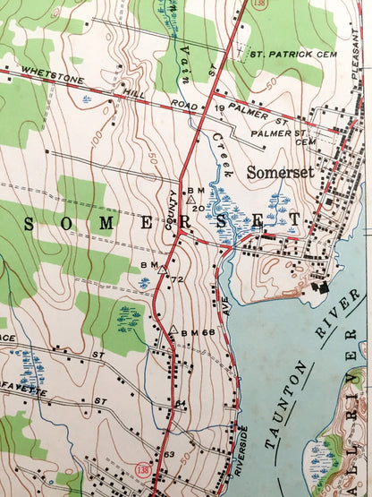 Antique Somerset, Massachusetts 1943 US Geological Survey Topographic Map – Dighton, Pottersville, Rehoboth, Manwhage, Bristol County