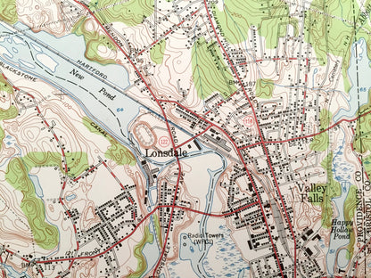 Antique Pawtucket, Rhode Island 1949 US Geological Survey Topographic Map – Cumberland, Central Falls, Lincoln, Woonsocket, Massachusetts RI