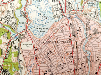 Antique Pawtucket, Rhode Island 1949 US Geological Survey Topographic Map – Cumberland, Central Falls, Lincoln, Woonsocket, Massachusetts RI